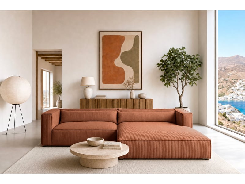  Tilos - canapé d'angle petit velours côtelé 4 places terracotta gauche  - Conforama D