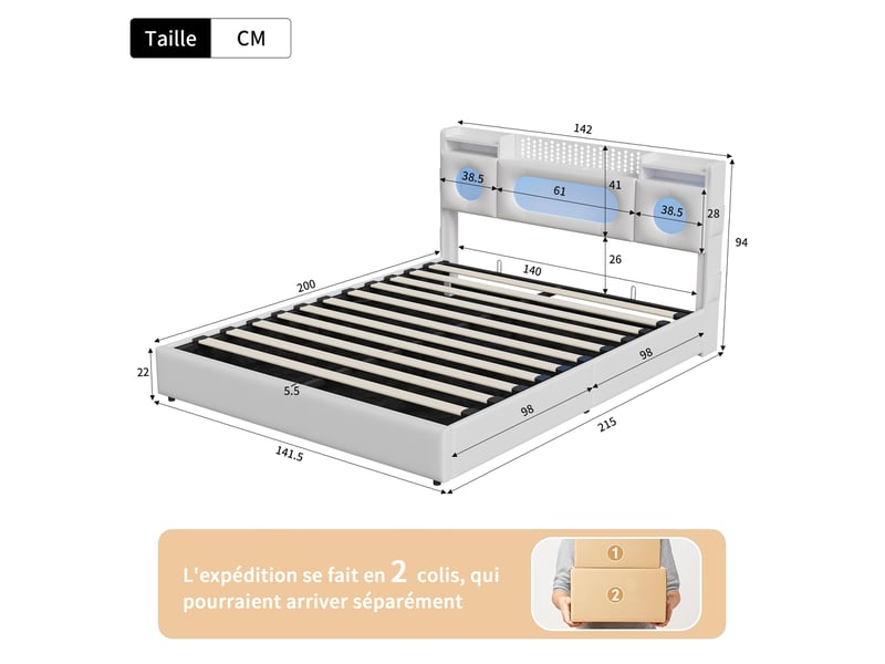  Lit coffre 140x200 cm - pu blanc - sommier à lattes - lit double - tête de lit avec led et ports usbtype-c  - Conforama R