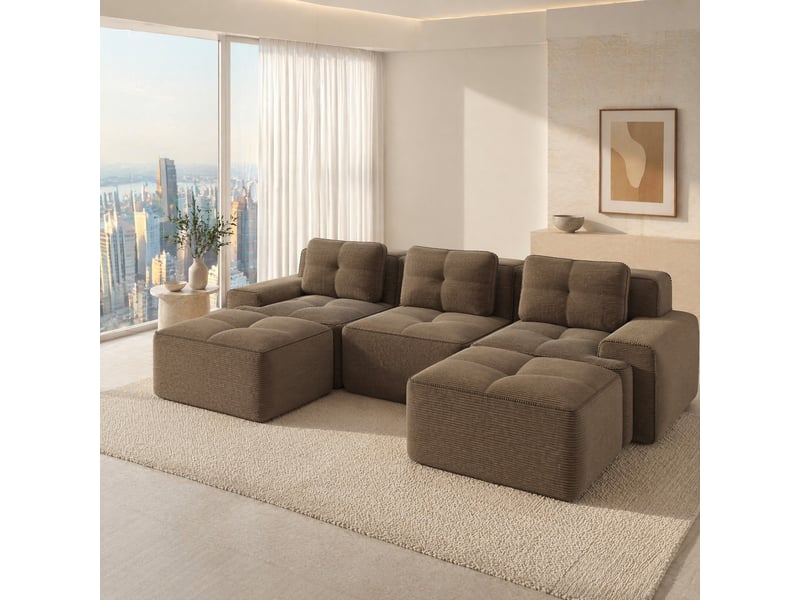  Canapé modulaire en u 293x177x69 cm 3 places avec ottoman velours côtelé marron  - Conforama B