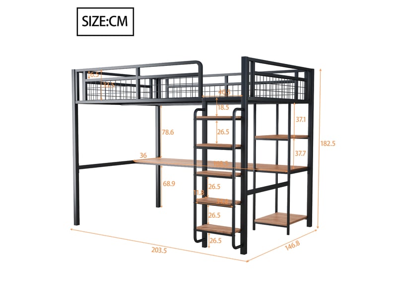 Lit mezzanine enfant 140x200 cm avec table, étagère, garde-corps, escalier, sommier, métal noir, sans matelas - Conforama C