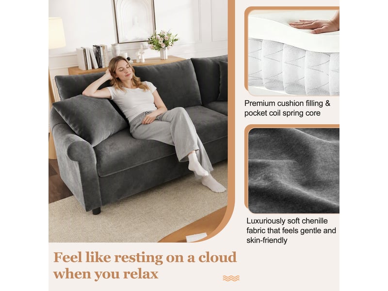 Canapé d'angle 5 places en forme de l 217x217x83 cm - avec 3 coussins décoratifs - tissu chenille - gris - Conforama W