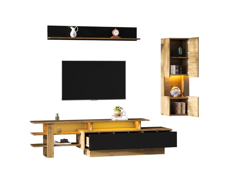  Ensemble meuble tv mural 3 pièces rayofi - 1 meuble tv 180x40x45 cm, 1 vitrine 30x30x100 cm, 1 étagère murale 120x13,5x18 cm, éclairage led usb, finition bois naturel et noir, 3 tiroirs, pour tv jusqu'à 80 pouces N625P295433Z - Conforama A