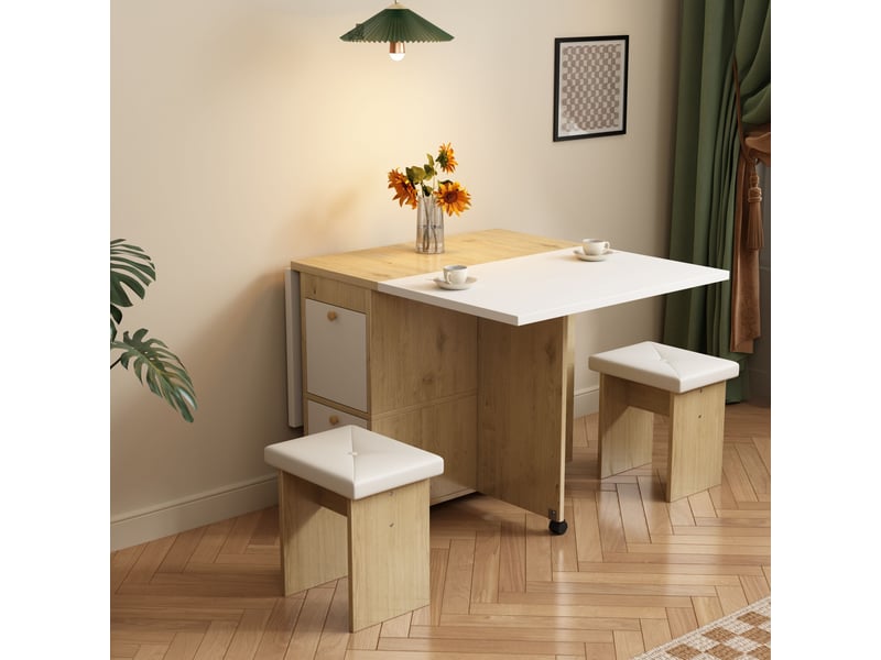  Ensemble table à manger avec 4 chaises, table rabattable et extensible 120 x 80 x 75 cm, blanc et effet chêne  - Conforama D
