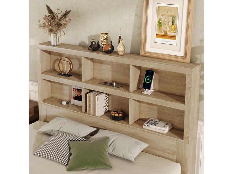  Lit avec rangement 160x200 cm - 6 compartiments en tête de lit, 2 tiroirs de rangement - port usb intégré - lit 2 personnes - bois  - Conforama R