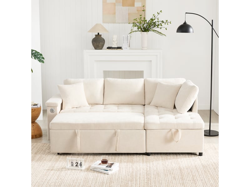  Canapé d'angle convertible moderne avec espace de rangement, port de charge usb, compartiments de rangement dans les accoudoirs et deux coussins – beige.  - Conforama R