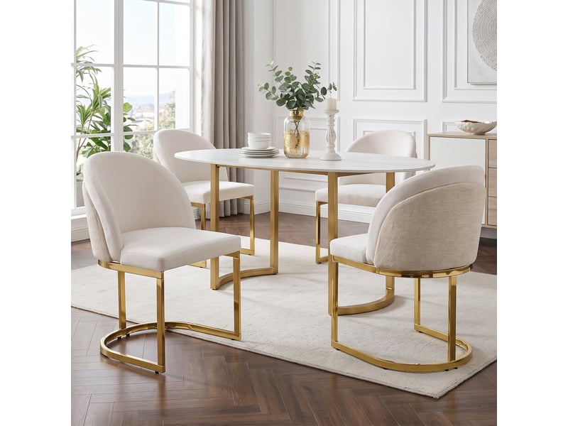 Chaise de salle à manger lot de 4 avec double dossier - pieds métal doré, chenille beige et doré - Conforama C