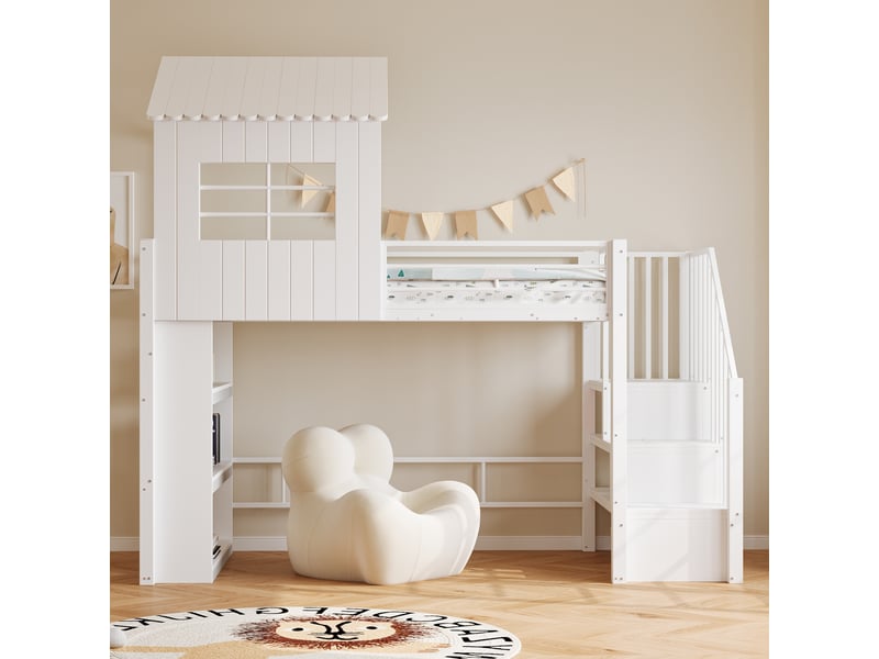  Lit mezzanine en fer forgé 90×200 cm, style maison, barrière de sécurité haute, étagère de rangement à plusieurs niveaux, escalier sécurisé (montage possible à gauche ou à droite), lit simple et enfant, blanc  - Conforama B