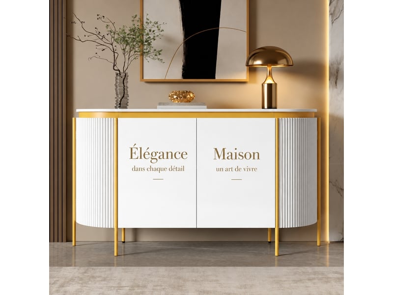  Buffet blanc ovale à quatre portes, côtés cannelés, longueur 140 cm  - Conforama E