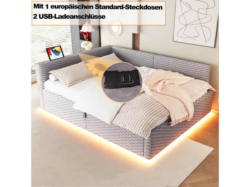  Lit coffre double 140×200 cm avec led, 2 ports usb et port type-c - okmyhome- velours gris, sans matelas  - Conforama E