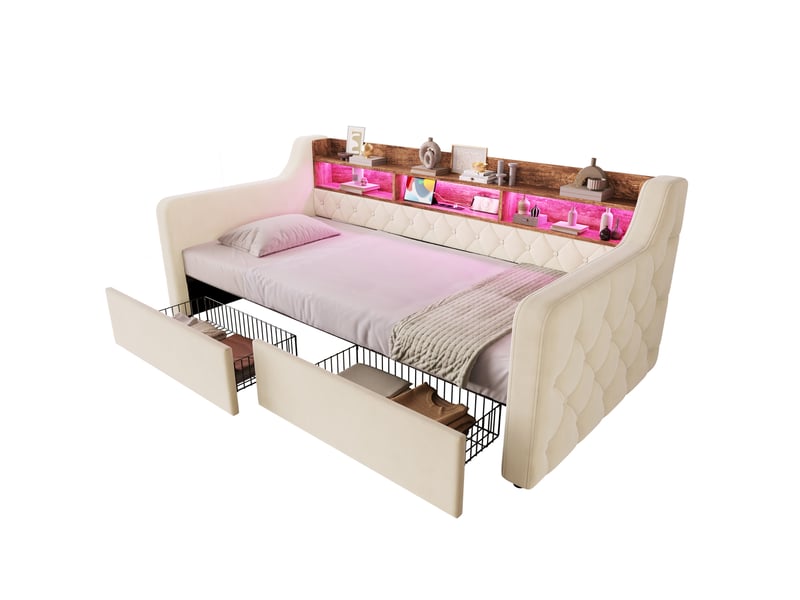  Lit jeune, 90x190 cm, doté d’un espace de rangement, led, usb et type c, 2 tiroirs pratiques, velours, coloris beige  - Conforama E