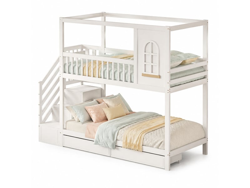  Lit à couchages superposés, 90x200 cm, maison avec fenêtres, tiroirs, échelle, matelas non inclus, bois, coloris blanc  - Conforama A