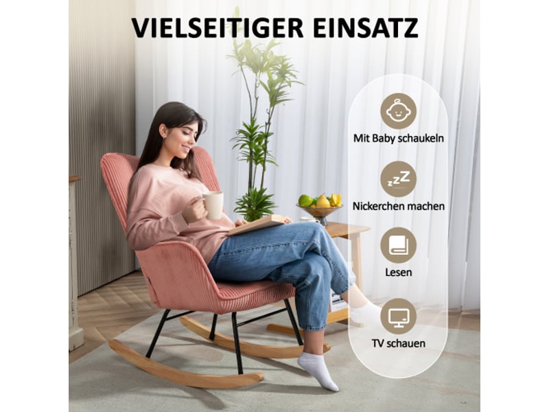 Fauteuil à bascule rose en tissu côtelé, accoudoirs et patins en bois, relax pour salon et chambre - Conforama B