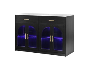Îlot de cuisine avec led, 2 tiroirs et étagères réglables - portes vitrées, surface de travail, mdf noir