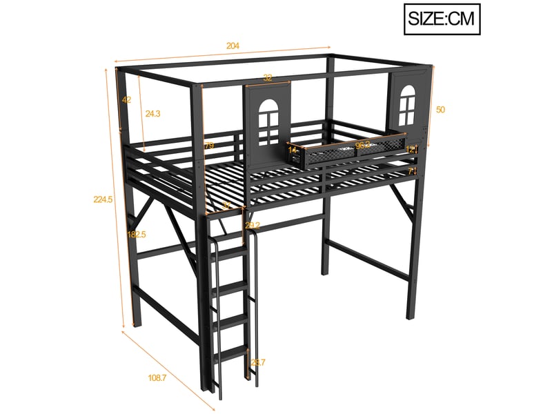  Lit mezzanine enfant 90x200 cm toit maison, 2 fenêtres, échelle avec main courante, métal et mdf, noir sans matelas  - Conforama C