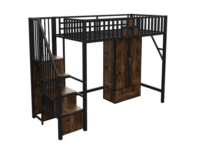 Lit mezzanine 90x200 cm – noir – armoire amovible, tiroir et escalier de rangement en métal et mdf, sans matelas - Conforama D