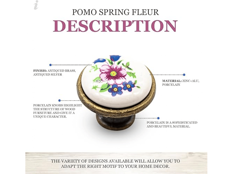Boutons pour meubles | 4 poignées vintage avec design de fleurs de printemps | ø32 x ø27 mm | poignée de porte et poignée d'armoire de cuisine - Conforama E