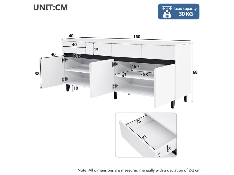  Buffet en panneau de particules blanc, 2 portes, 4 tiroirs, 160 x 40 x 68 cm  - Conforama R