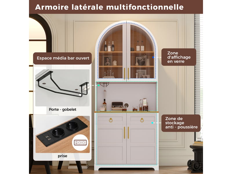  Buffet haut 80x40x180cm, prises et ports usb, 2 tiroirs et espace ouvert en arche, 2 portes vitrées  - Conforama E