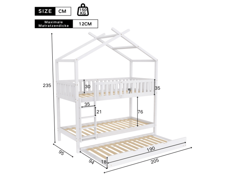  Lit enfant 90x200cm,lit superposé,lit gigogne,lit cabane en bois massif avec échelle d'escalade,blanc lit enfant blanc - Conforama C