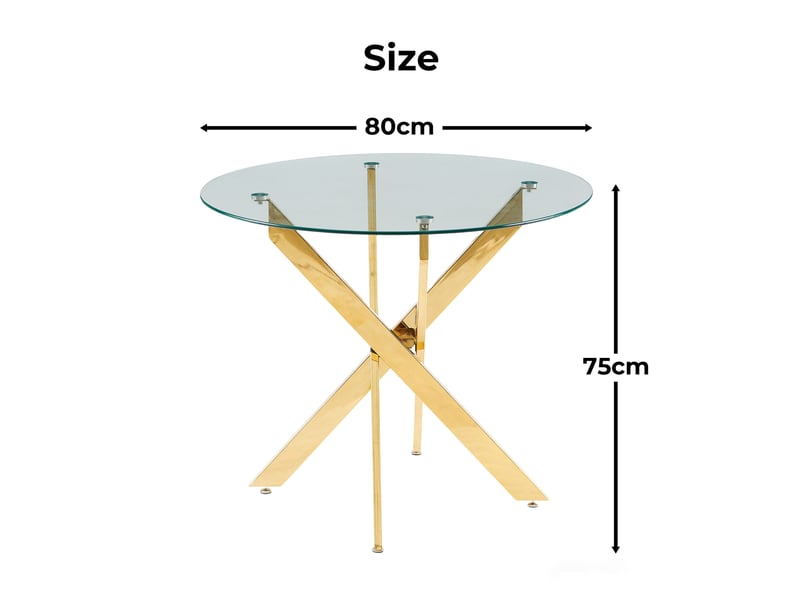  Table à manger ronde ø80 cm, h75 cm, plateau verre trempé, pieds métal croisés, style moderne doré, gain de place chic  - Conforama C