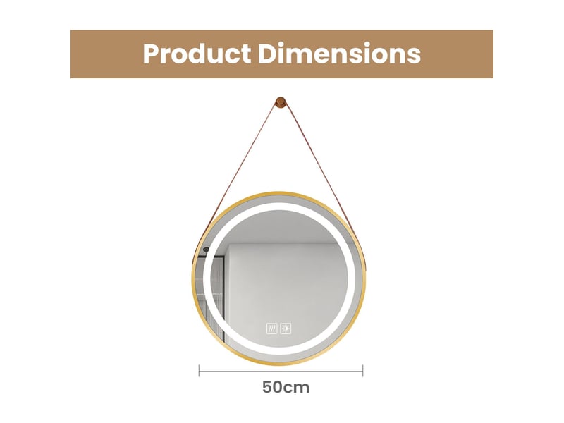  Miroir de salle de bain led 50 cm rond bordure dorée avec sangle anneau lumineux intégré verre sécurit tactile anti-buée  - Conforama C