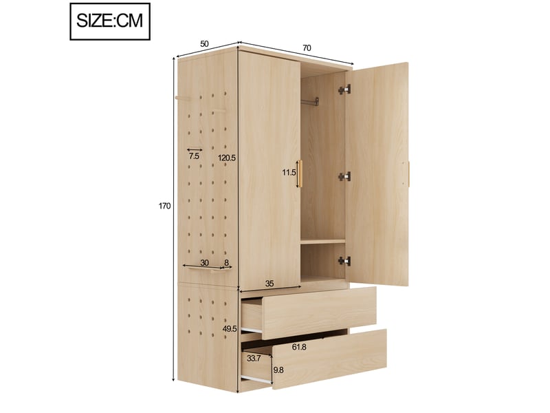  Armoire 70x50x170 cm avec 2 portes, 2 tiroirs et panneau perforé coloris blanc et bois  - Conforama C