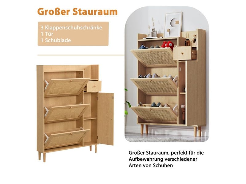  Meuble à chaussures rotin élégant - 3 portes battantes en rotin &amp; tiroir bois - montage facile - 90x125x17 cm 90x17x125cm - Conforama C