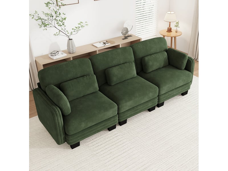  Canapé droit modulaire 3 places 253x88x88 cm, coussins lombaires et accoudoirs, structure bois, chenille vert  - Conforama D