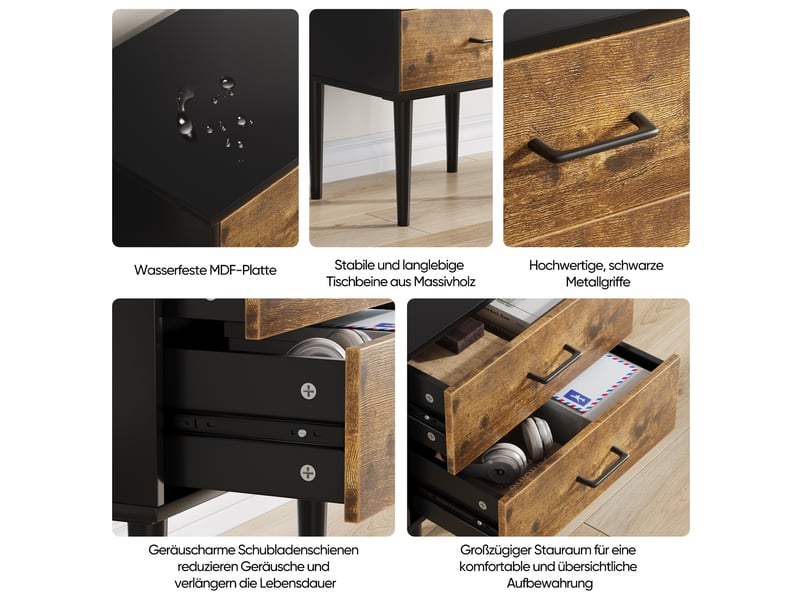  Table de chevet moderne 43x40x55 cm, 1 tiroir et 1 niche, meuble de chambre, pieds métal, entrée, mdf, noir et naturel  - Conforama E