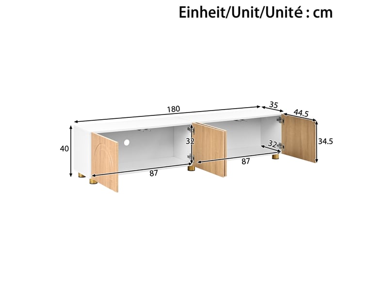  Meuble tv 180x35x40 cm - meuble bas moderne avec 4 portes, façades à relief arqué et pieds en métal  - Conforama C