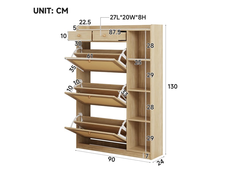  Meuble à chaussures - 90x24x130cm - meuble d'entrée 3 portes abattantes, 2 tiroirs, cannage rotin - bois  - Conforama E