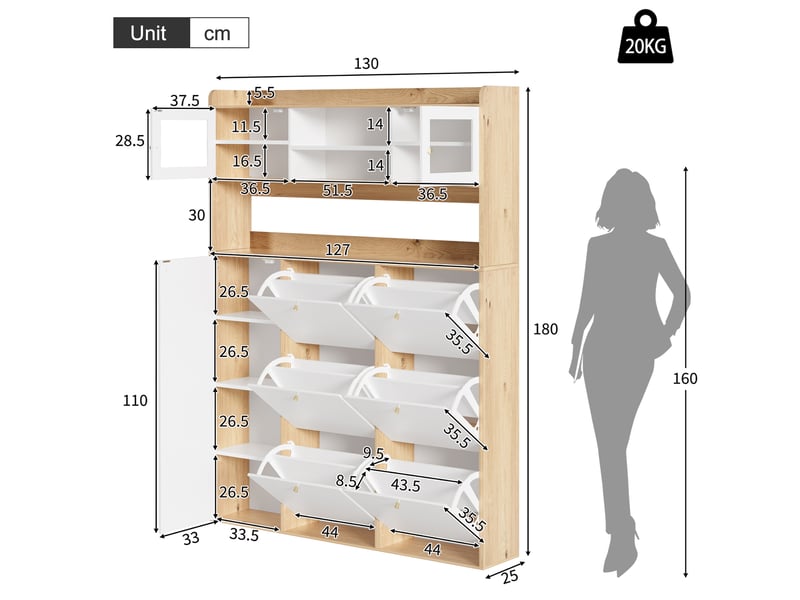  Meuble à chaussures 130x25x180 cm, 6 compartiments basculants, éclairage à led, panneau de particules, blanc et couleur bois naturel  - Conforama C