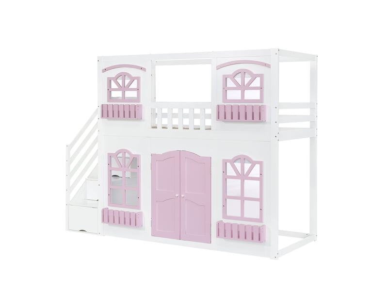  Lit superposé enfant cabane 90 x 200 cm blanc et rose, escalier rangement, fenêtres acryliques  - Conforama E