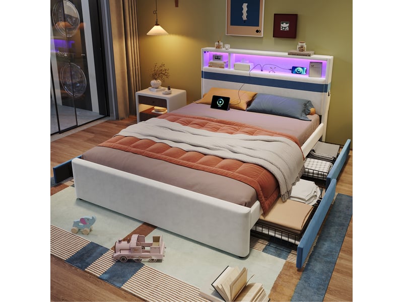 Lit rembourré 140x200 cm avec 4 tiroirs, led, port de charge et poches latérales, lit enfant et ado en velours, blanc avec bandes bleues OPULERANE TRADING LTD - Conforama E