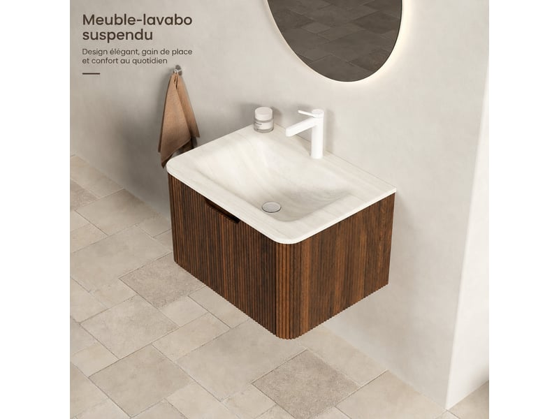  Meuble vasque suspendu 60 cm, vasque intégrée en pierre frittée effet travertin, noyer  - Conforama C