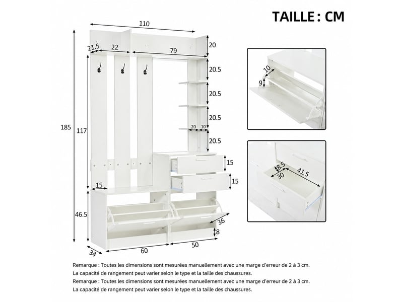  Vestiaire d'entrée blanc avec miroir, 2 meubles à chaussures, 2 tiroirs, 3 patères, mdf, blanc  - Conforama E
