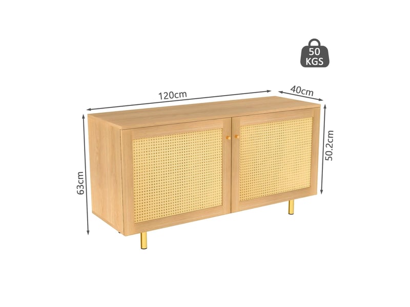  Buffet bas 2 portes en mdf naturel avec portes en rotin tressé - 120 x 40 x 63 cm  - Conforama E