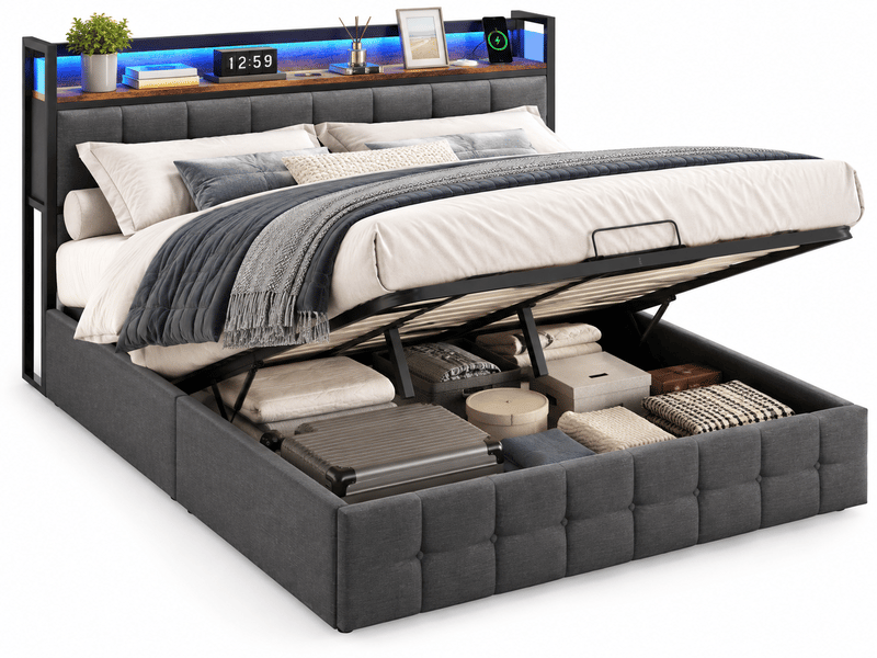 Lit coffre double 160x200cm avec  led et prise usb tpye c - rangement de chevet et tête de lit rembourré- hydraulique - lit adulte 2 personnes - pu - noir - lit capitonné, lit 2 places, cadre de lit, lit ado, sommier à lattes, c…  - Conforama A
