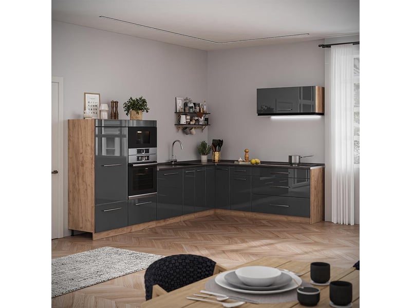 Vicco cuisine en angle, anthracite haute brillancechêne de force doré, 327x60cm, pt marbre - Conforama C