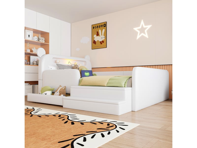  Lit enfant 140x200 cm blanc en similicuir avec tête de lit ours, veilleuse, usb et rangement  - Conforama R