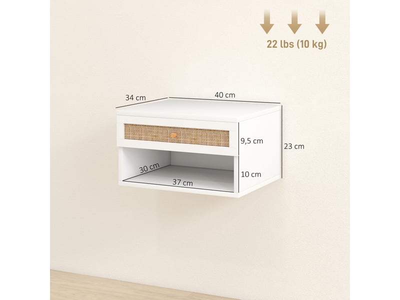  Lot de 2 tables de chevet murales tiroir coulissant, plateau - en bois dim. 40l x 34l x 23h cm, niche  - Conforama C