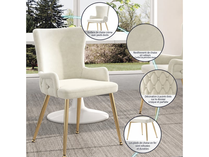  Chaises de salle à manger lot de 4 en velours beige, pieds en métal doré, dossier capitonné, accoudoirs, salon séjour  - Conforama D