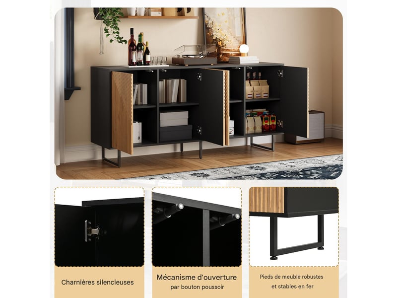  Buffet 4 portes en panneau de particules bois naturel et noir 160 x 40 x 75 cm  - Conforama E
