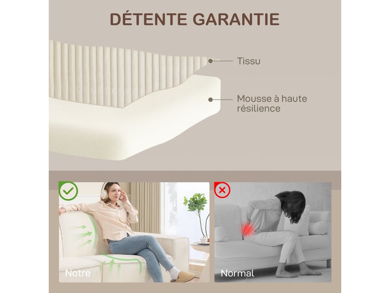  Canapé 3 places en velours côtelé 230 cm, canapé moderne, beige, pas de montage nécessaire  - Conforama E