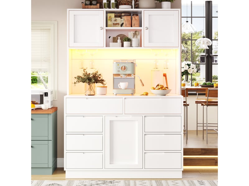 Armoire de cuisine haute blanche 120 cm, meuble de rangement avec led intelligente, 8 tiroirs, étagères réglables - Conforama D