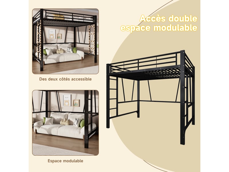 Lit mezzanine 140x200 cm coloris noir, lit superposé enfant avec double échelle, lit en hauteur métal , sans matelas - Conforama D