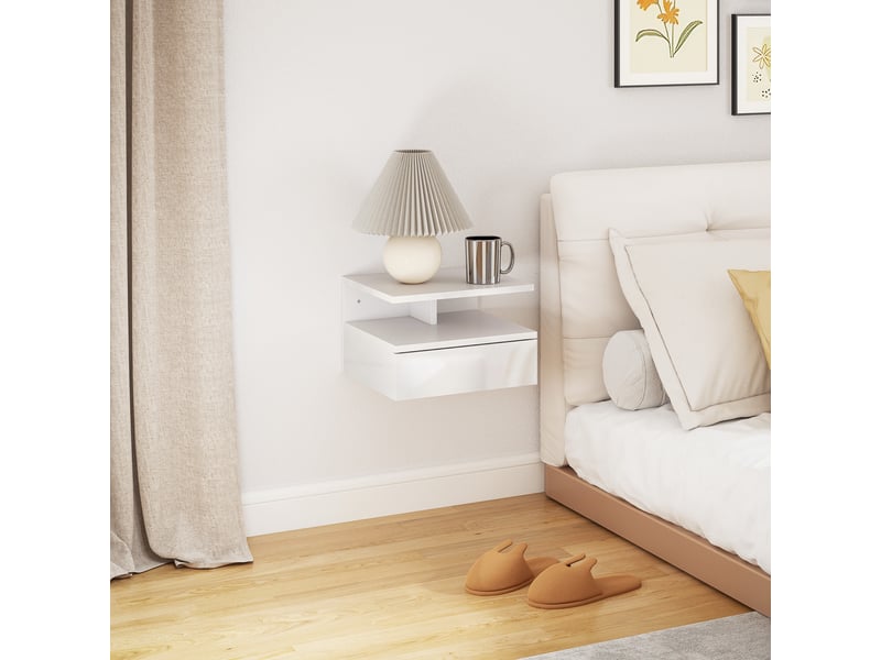  Table de chevet suspendue avec tiroir et étagère ouverte en bois, 35 x 32 x 22,5 cm, blanche  - Conforama D