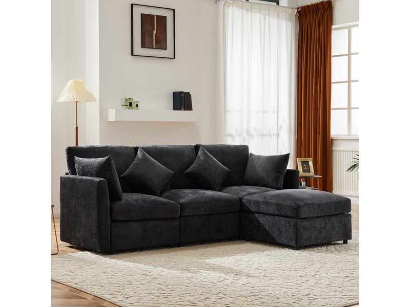 Canapé d'angle, canapé convertible, 3 places, en chenille, gris, avec pouf, pour salon, bureau, appartement - Conforama E