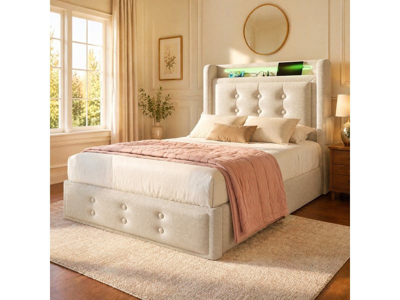  Lit coffre 1 place 90x200 cm avec led et ports de charge, beige  - Conforama C