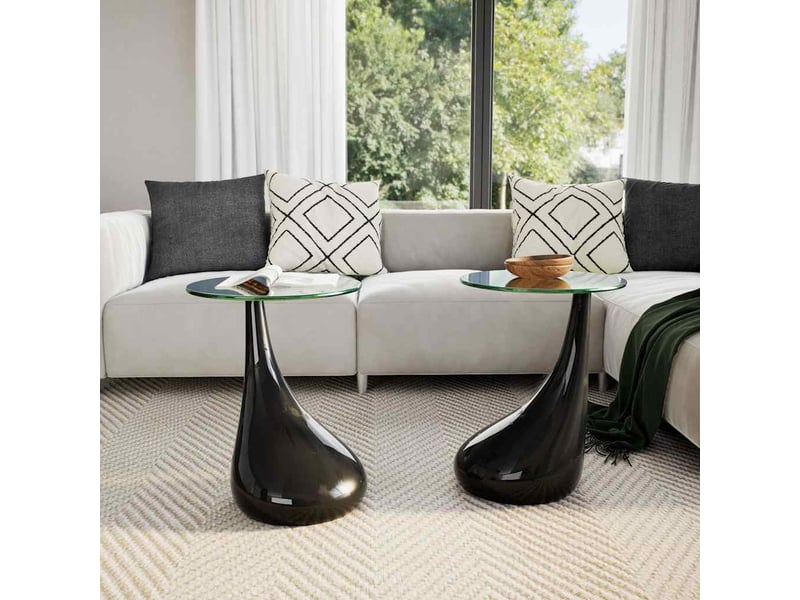  Table basse | table de salon et dessus de table verre rond noir brillant 2 pcs  - Conforama C